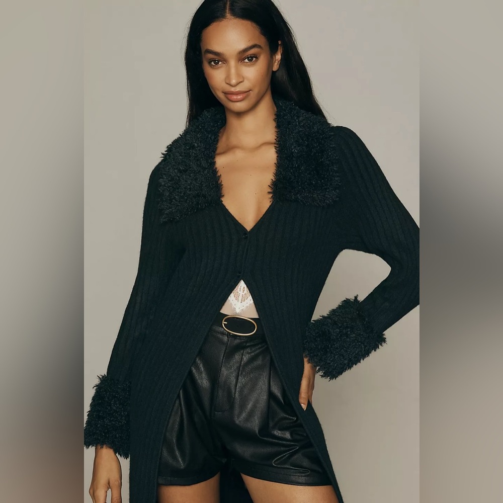 Anthropologie Faux Fur-Trim Long Cardigan Sweater